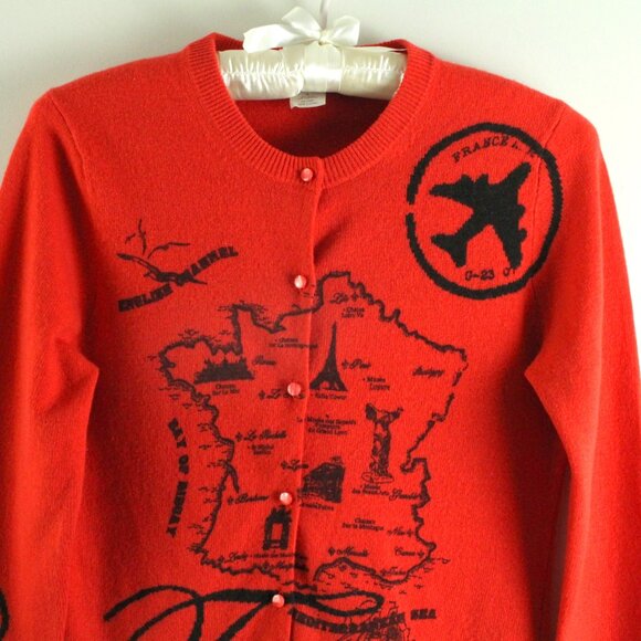 J. Crew VINTAGE Red Cardigan with France Map Design - Picture 2 of 5